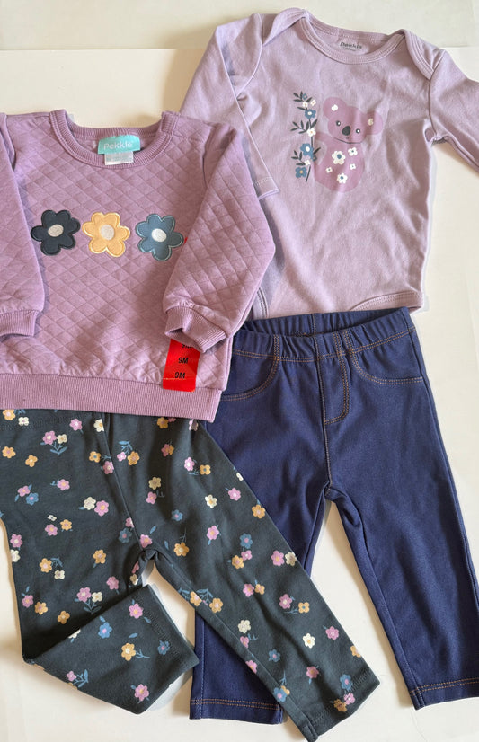 *New* Pekkle, 4-Piece Pants, Shirt, and Onesie Set - 9 Months
