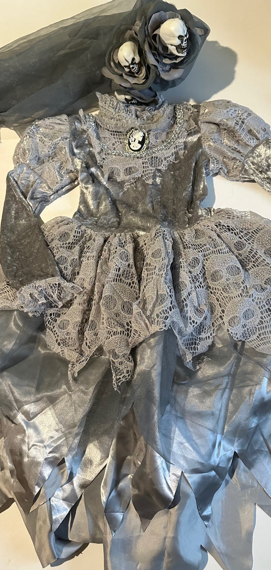 Hallow's Eve, Grey/Silver Skulls Dress and Veil Headband Set - Size Small (5/6)