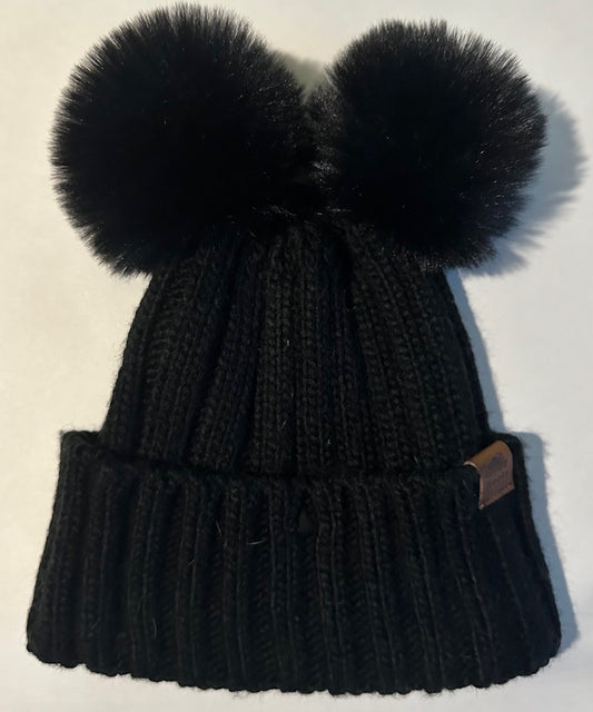 Roots, Black Toque with Pom-Poms - Size 3-5Y