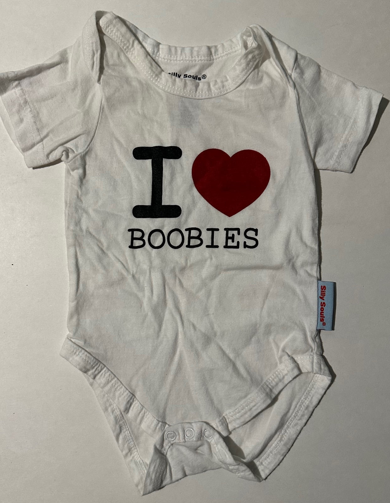 *Play* Silly Souls, White "I Love Boobies" Onesie - 3-6 Months