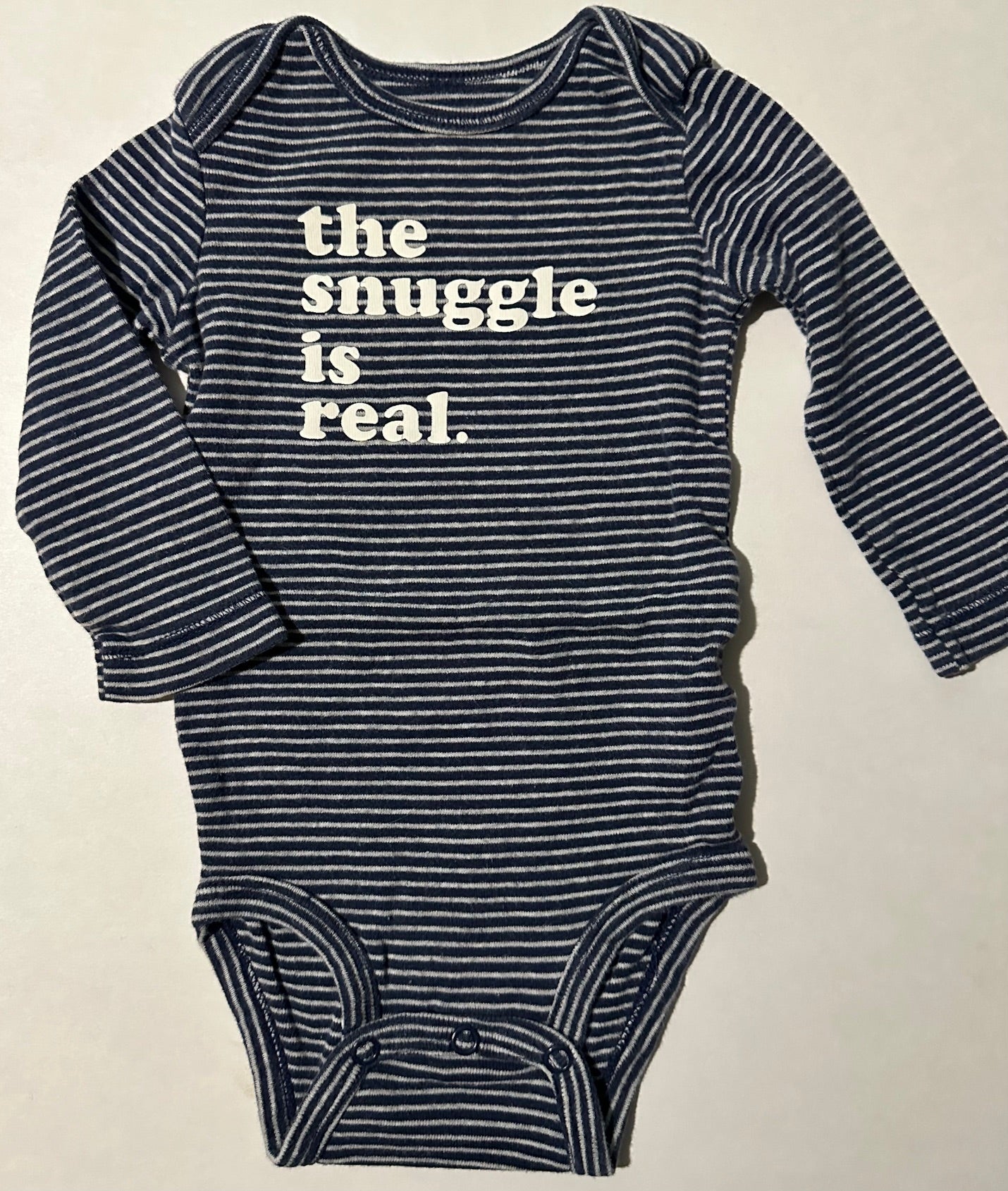 Carter's, Navy Blue Striped "The Snuggle is Real" Onesie - 6 Months