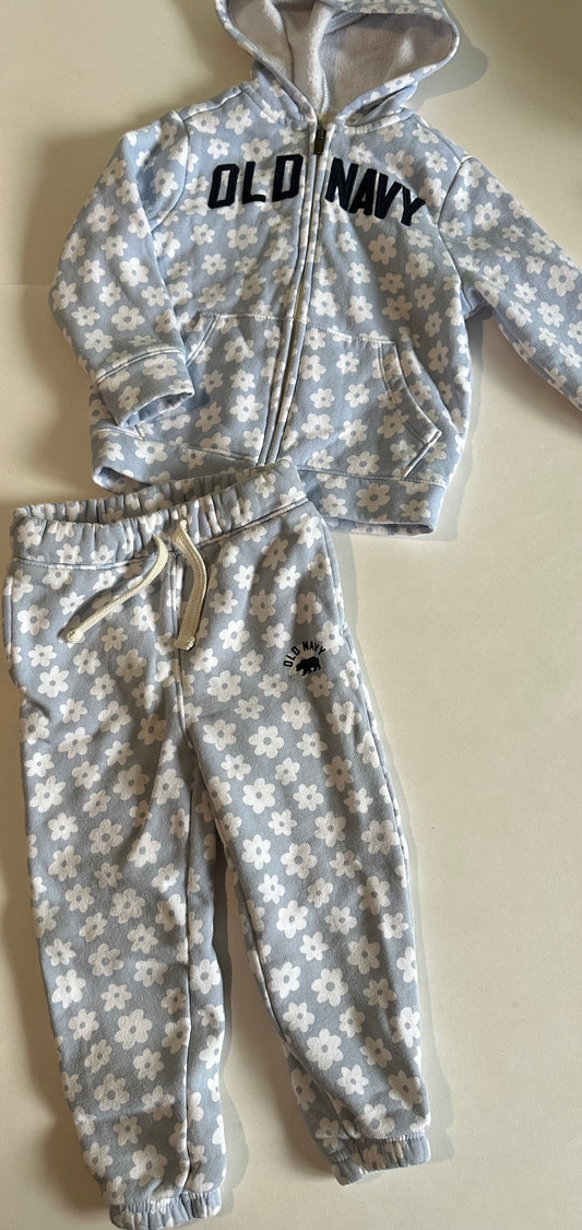 Old Navy, Blue and White Flowery Zip-Up Hoodie and Pants Set - Size 2T