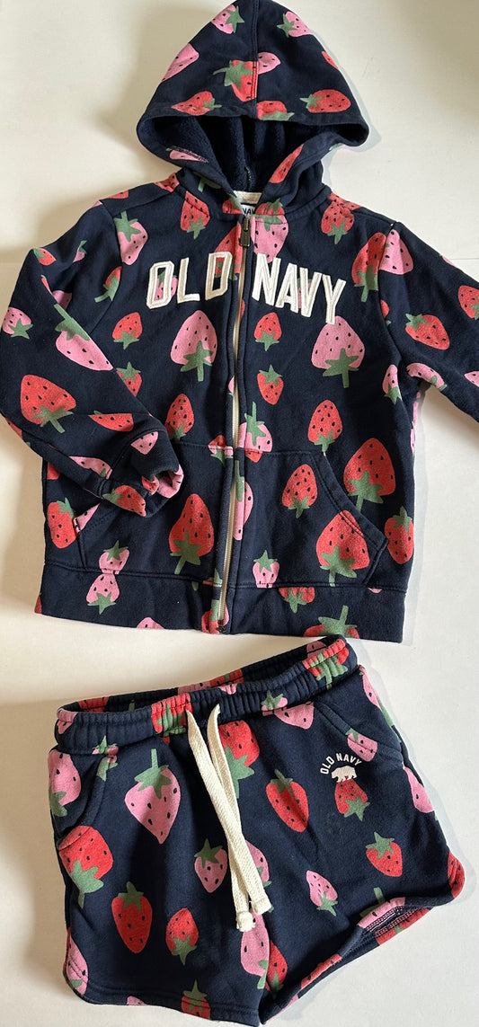 Old Navy, Dark Blue Strawberries Zip-Up Hoodie and Shorts Set - Size 5T