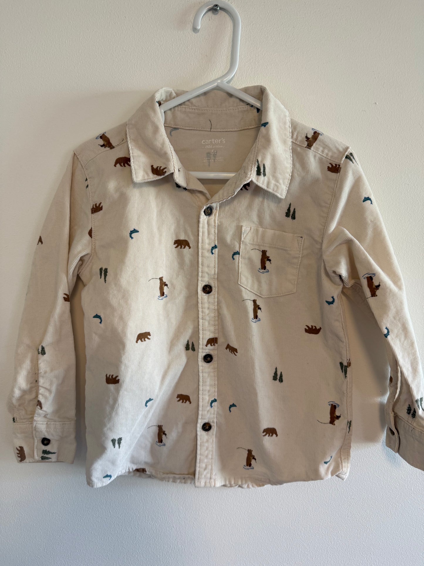CARTERS COURDAROY BEARS FISHING BUTTON UP SIZE 5