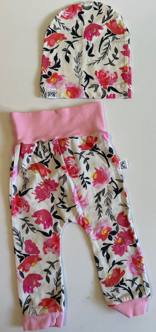 Bret's Bibs, Pink Floral Pants and Hat Set - 6-12 Months