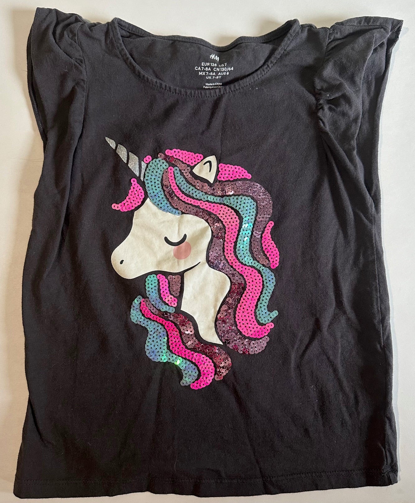 H&M, Black Sequins Unicorn Shirt - Size 7-8