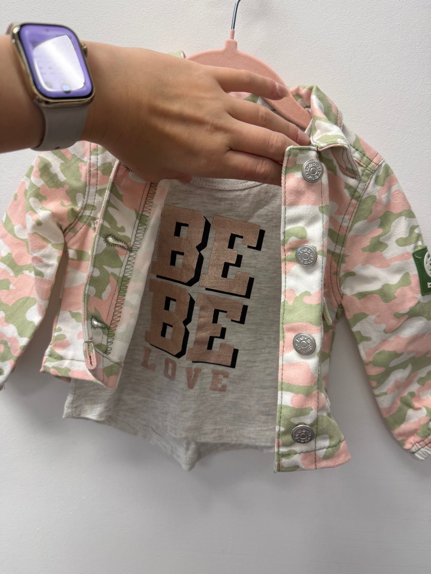 BEBE GIRLS CAMO JEANS JACKET & SHIRT SIZE 18M