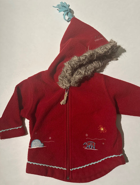 Inuk, Red Fleece Coat with Fur-Lined Hood - 18 Months