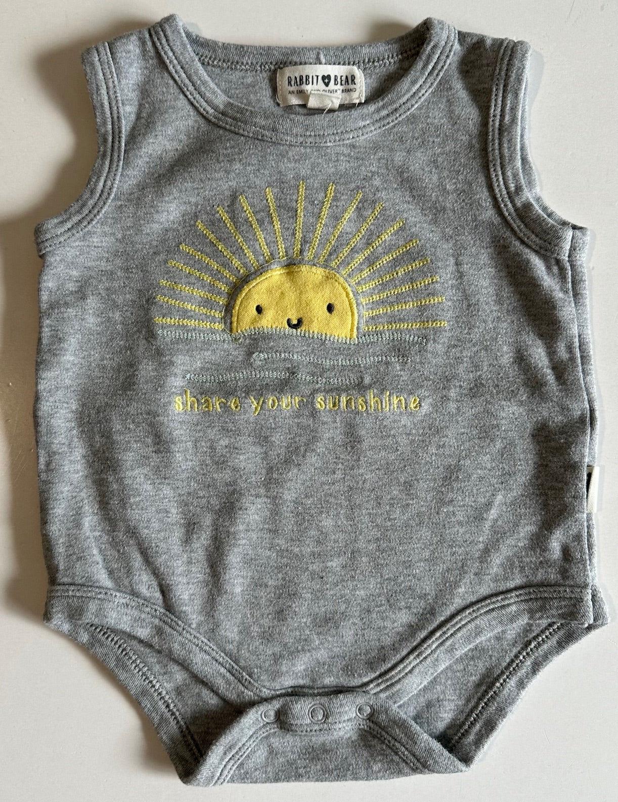 Rabbit + Bear, Grey Sleeveless "Share Your Sunshine" Onesie - 12 Months