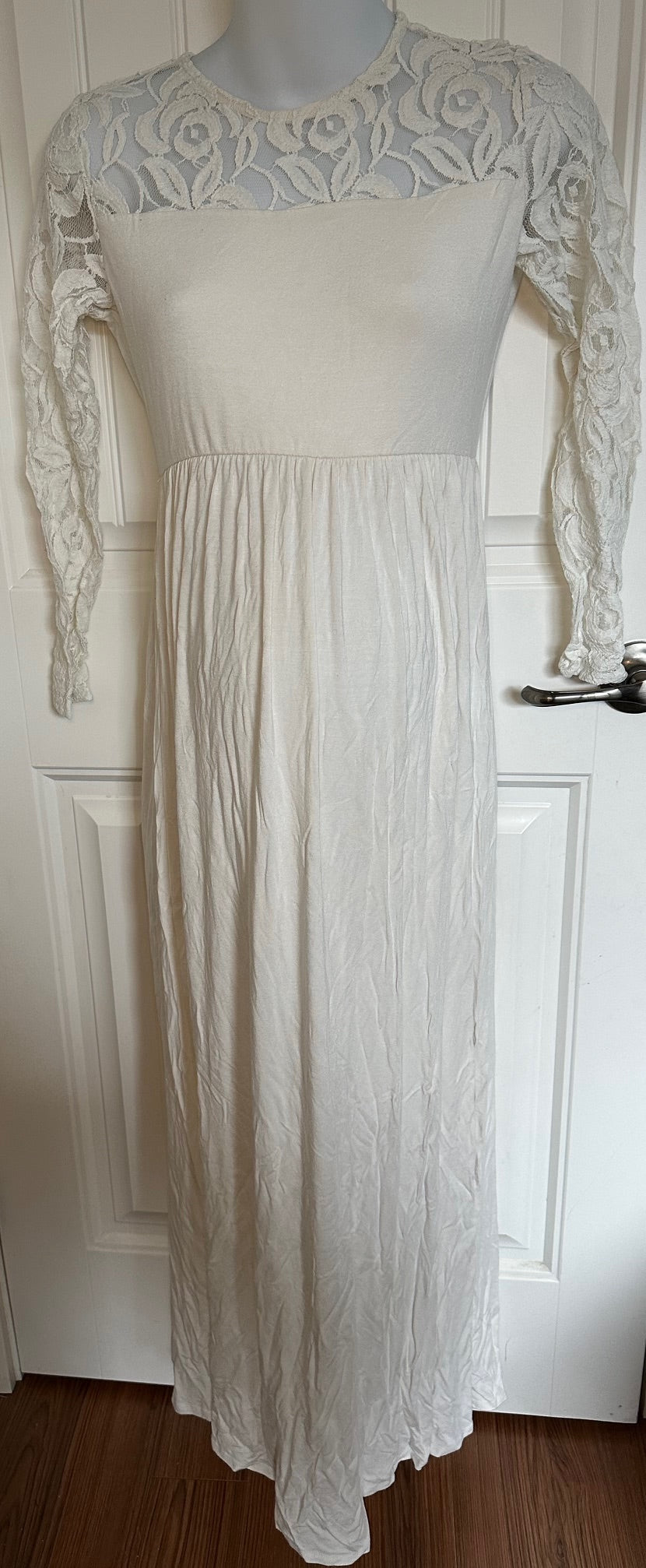 Pink Blush, Ivory Long Maternity Dress with Lace Top and Sleeves - Size Small