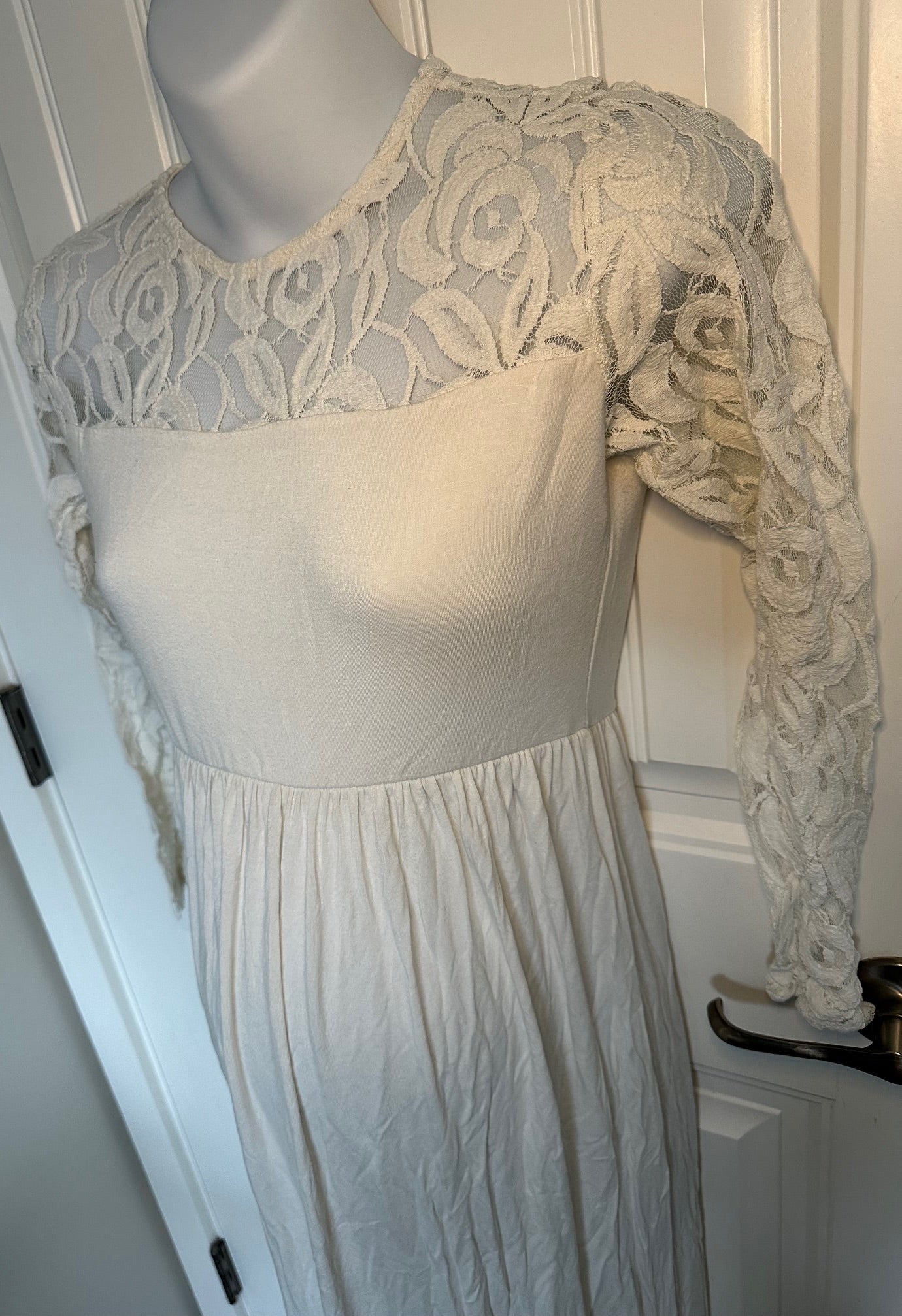 Pink Blush, Ivory Long Maternity Dress with Lace Top and Sleeves - Size Small