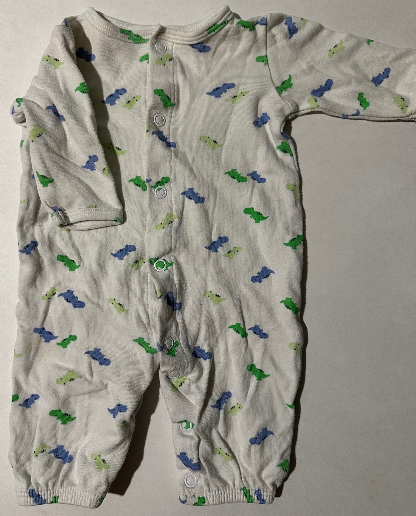 *Play* Child of Mine, White Outfit with Little Blue and Green Dinosaurs - Newborn