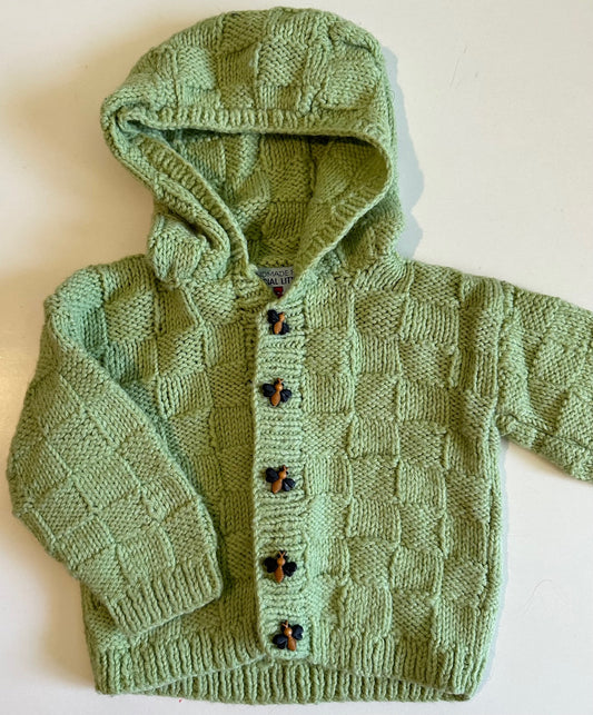 Handmade, Green Hooded Sweater with Bee Buttons - 0-6 Months