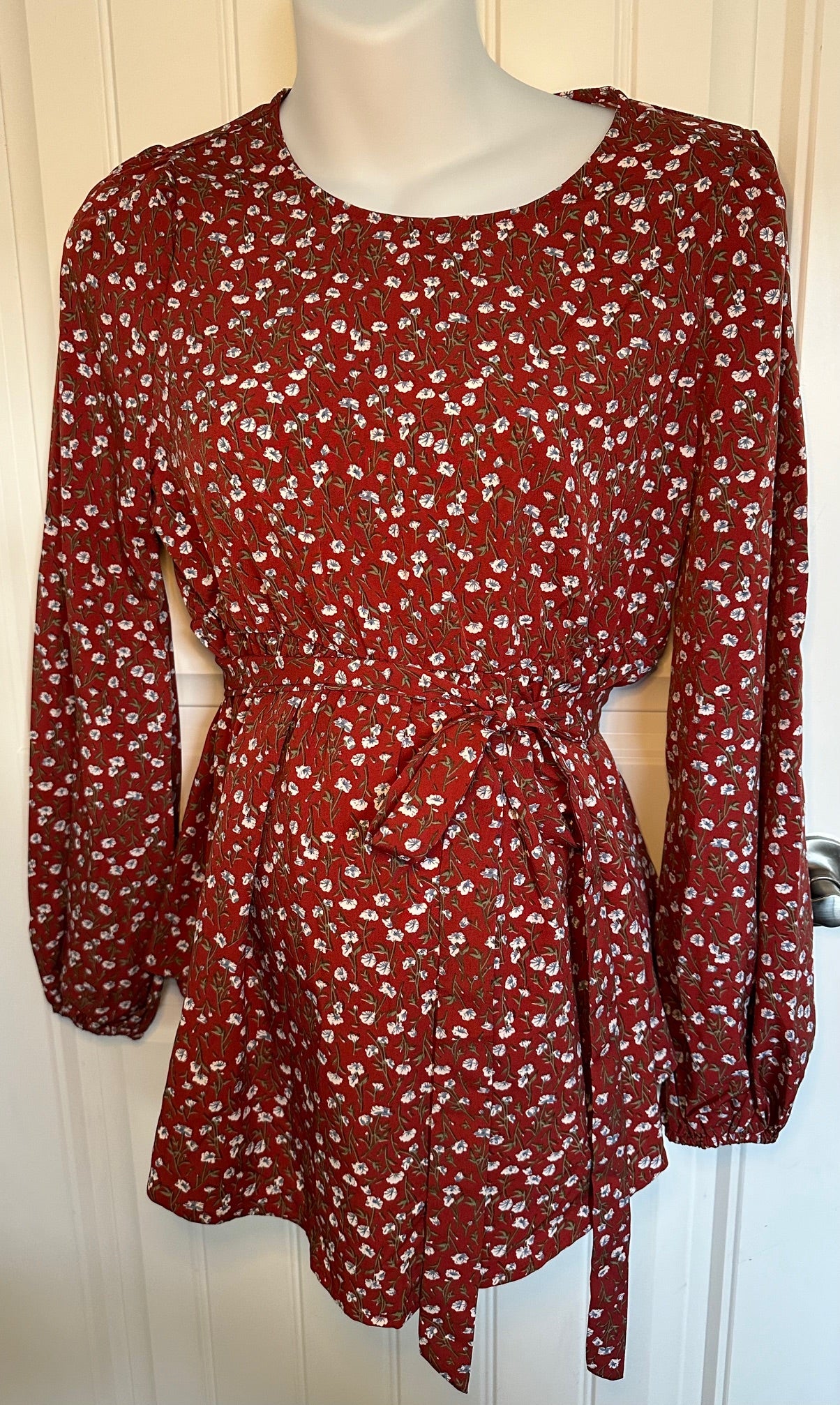 Shein, Dark Red and White Flowery Maternity Top with Belt - Size Medium
