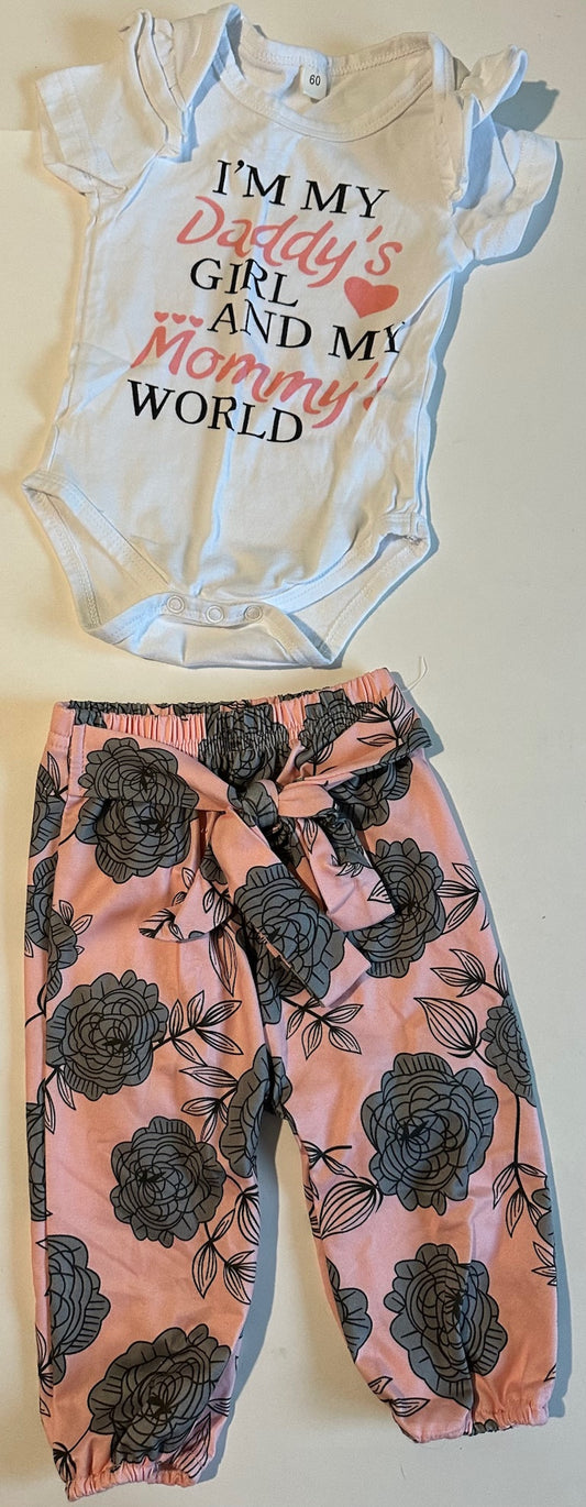 Unknown Brand, White and Pink Onesie and Pants with Tie-Belt Set - 0-3 Months