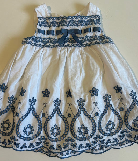 Savannah Baby, White and Blue Sleeveless Dress - 12 Months