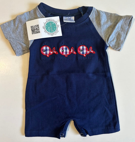 *New* His & Hers Boutique, Navy Blue, Red, and Grey Fish Romper - 0-3 Months
