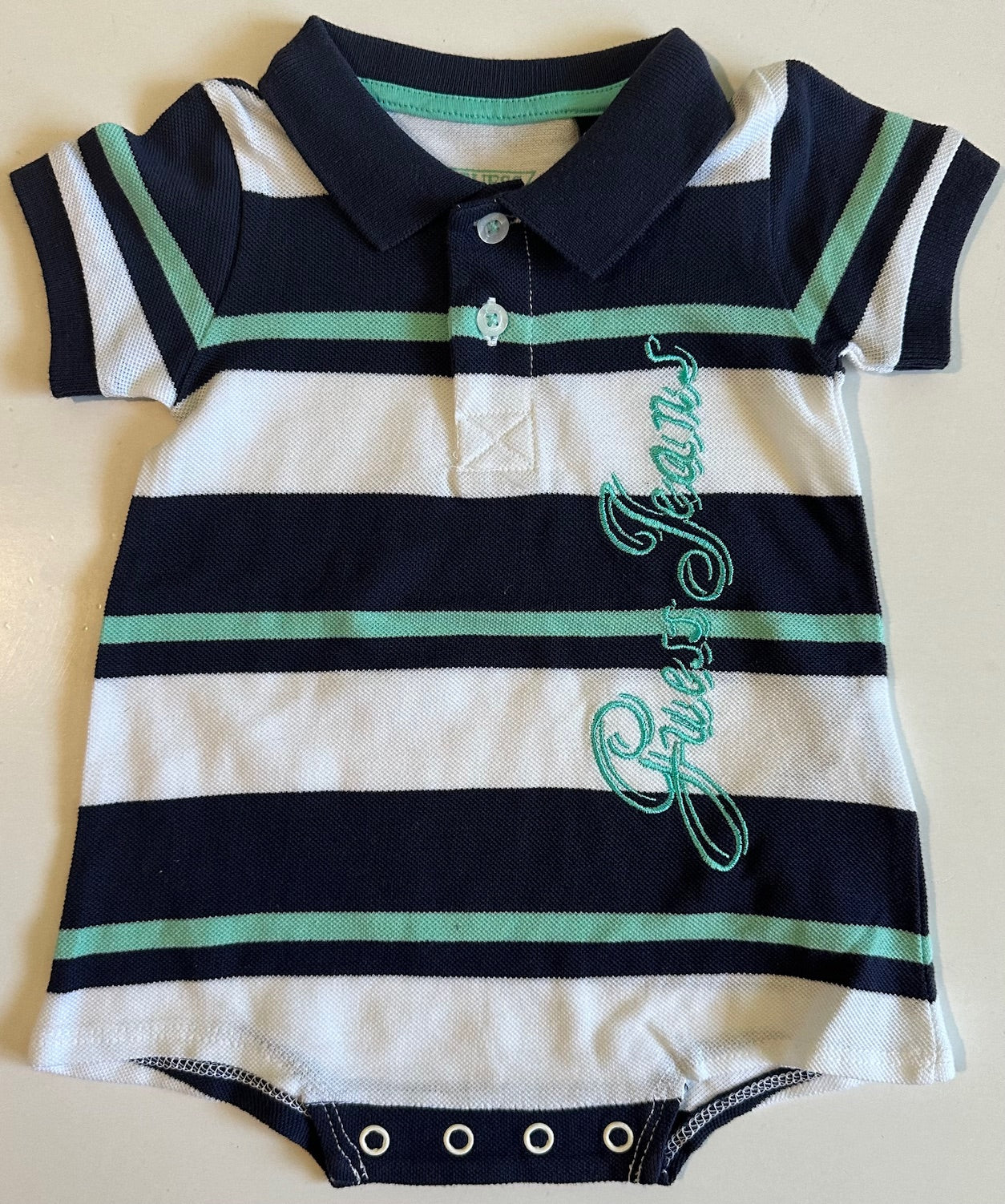 Guess, Navy Blue, White, and Teal Romper with Collar - 3-6 Months