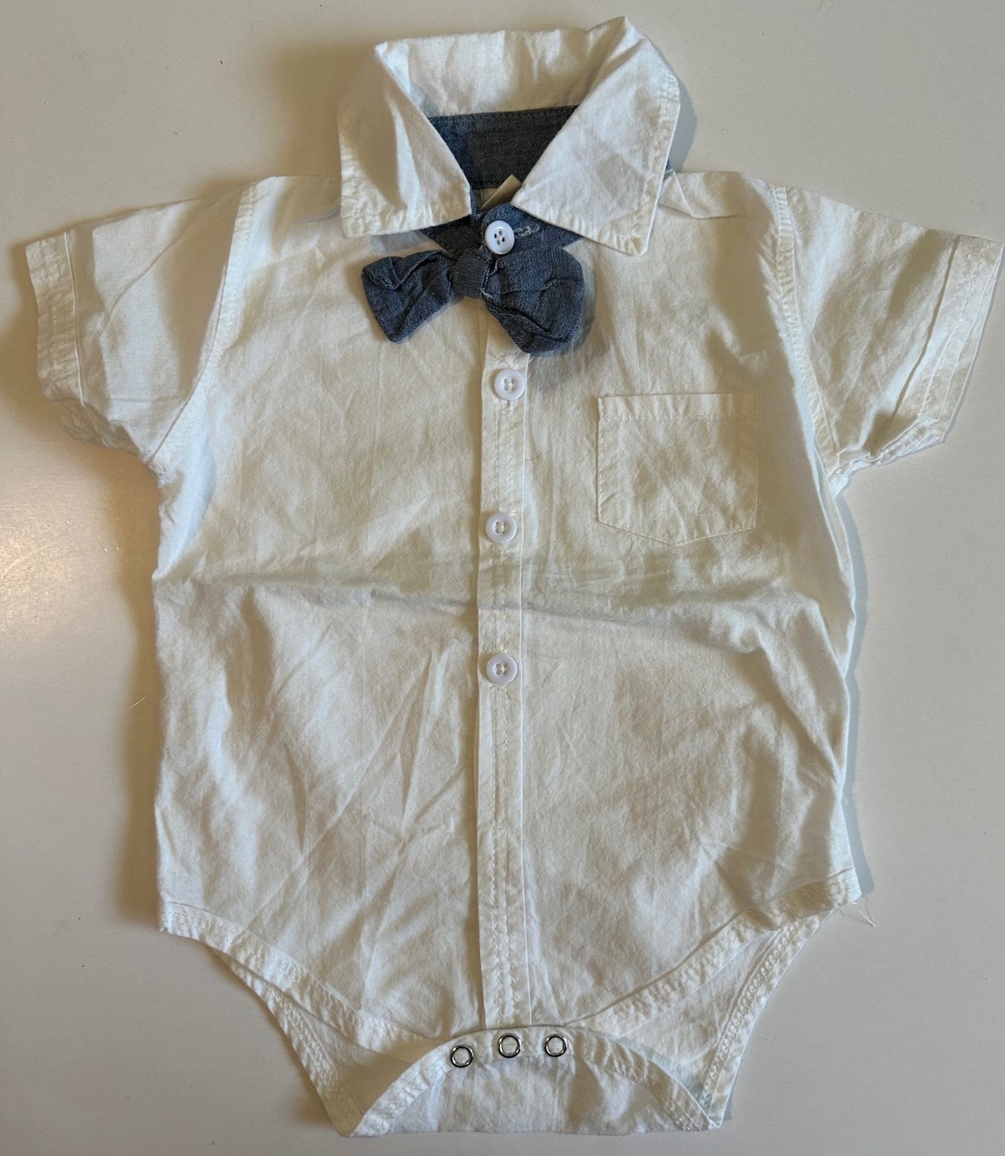 Unknown Brand, White Button-Up Onesie with Denim Bow-Tie - 3-6 Months