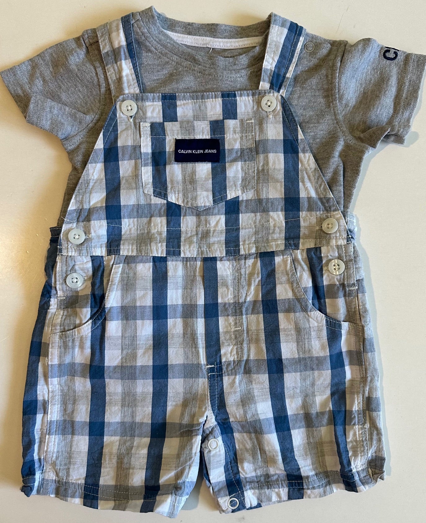 Calvin Klein, Blue and White Shortalls and Grey T-Shirt Set - 6-9 Months