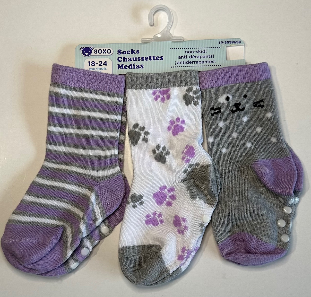 *New* Soxo, Purple and Grey Socks with Grippies - 18-24 Months