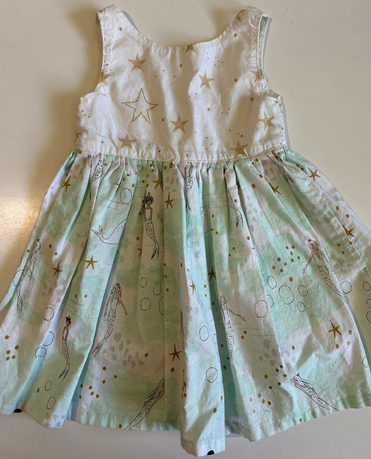 Unknown Brand, White and Pale Teal Stars/Mermaids Dress - 18-24 Months