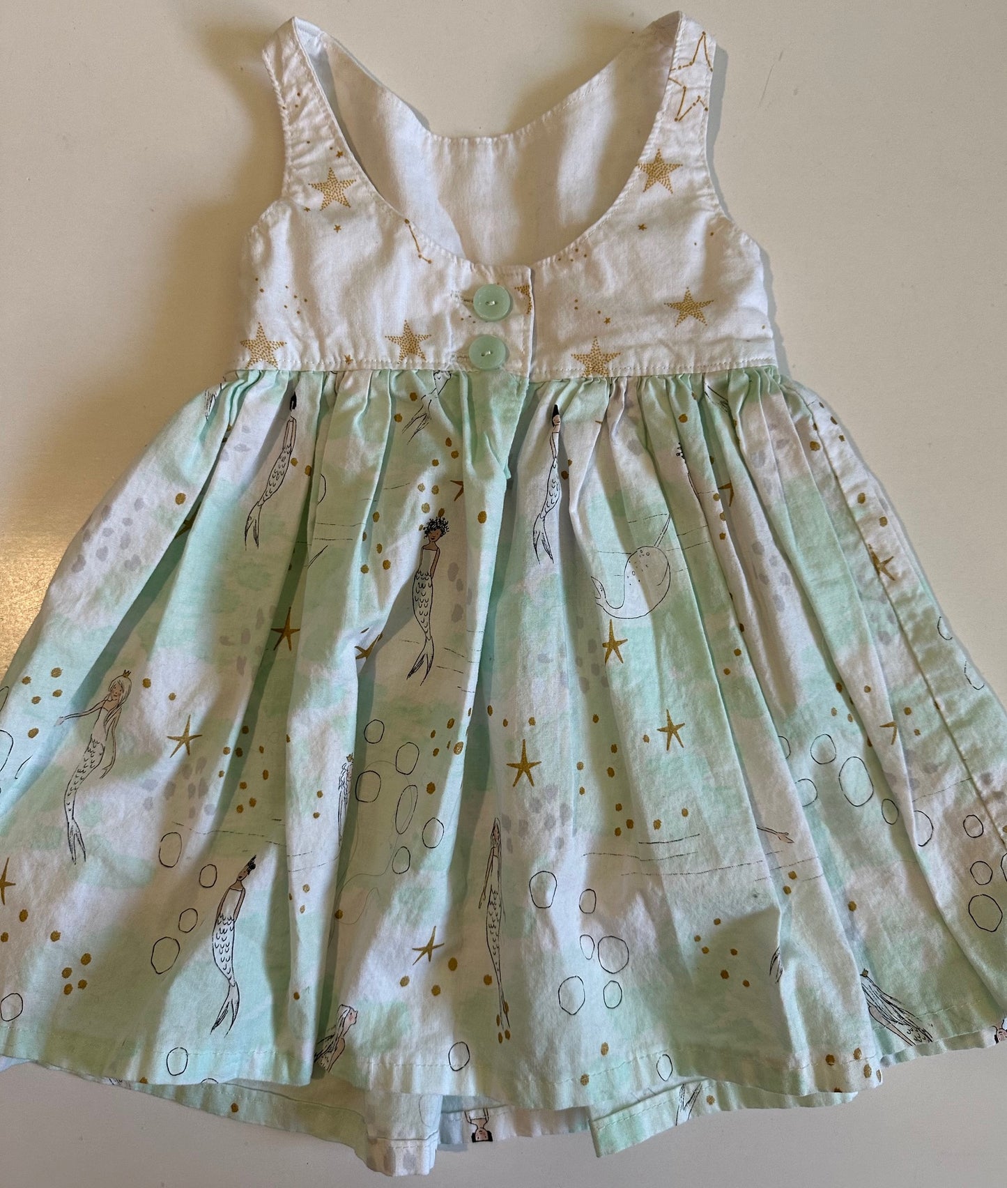 Unknown Brand, White and Pale Teal Stars/Mermaids Dress - 18-24 Months