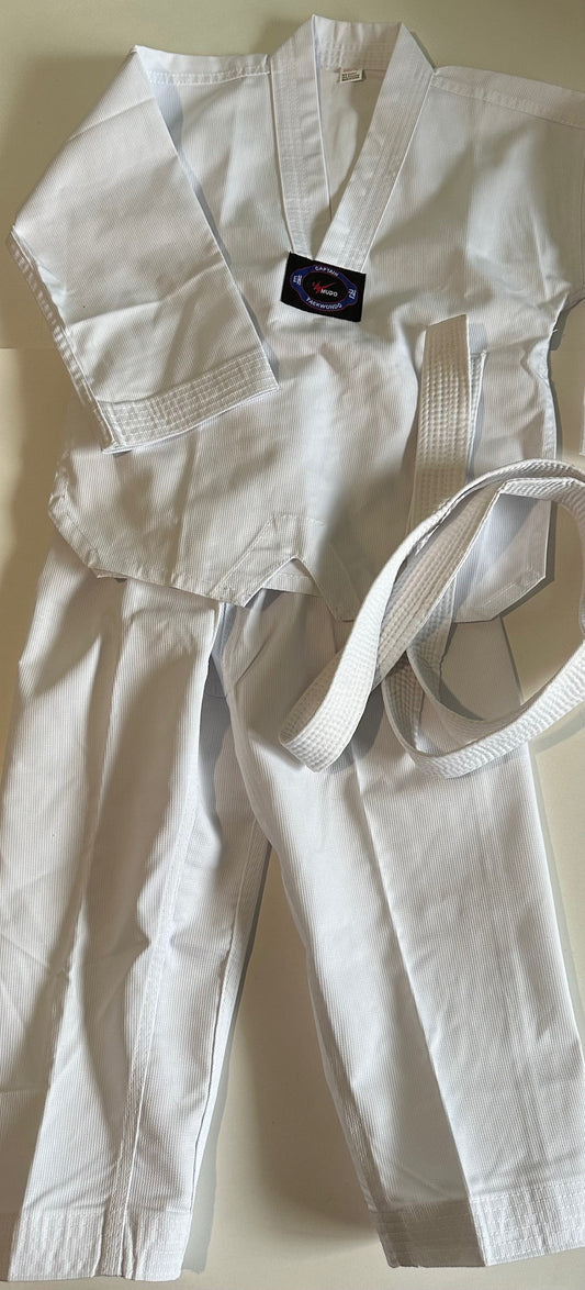 Captain Mudo Taekwondo, White Top, Pants, and Belt Set - Size 4-5