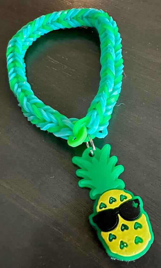 Teal and Green Bracelet with Pineapple Charm - Size 6-10