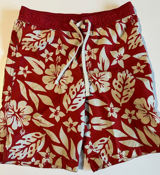 Joe Fresh, Red and Ivory Tropical Swim Shorts - Size Medium (8)