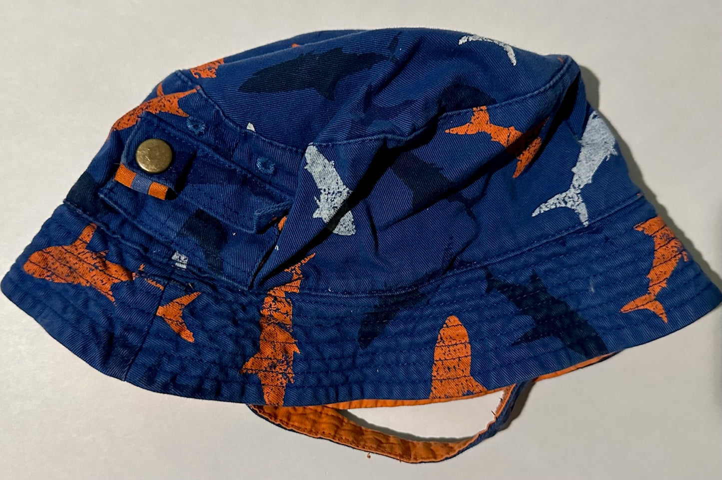 Unknown Brand, Navy Blue and Orange Sharks Sun Hat with Chin Strap - 0-6 Months